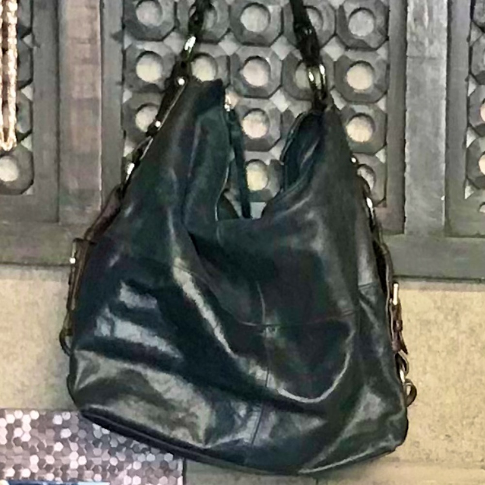 Genuine Leather slouchy Hobo Shoulder Bag - navy Blue with brown straps